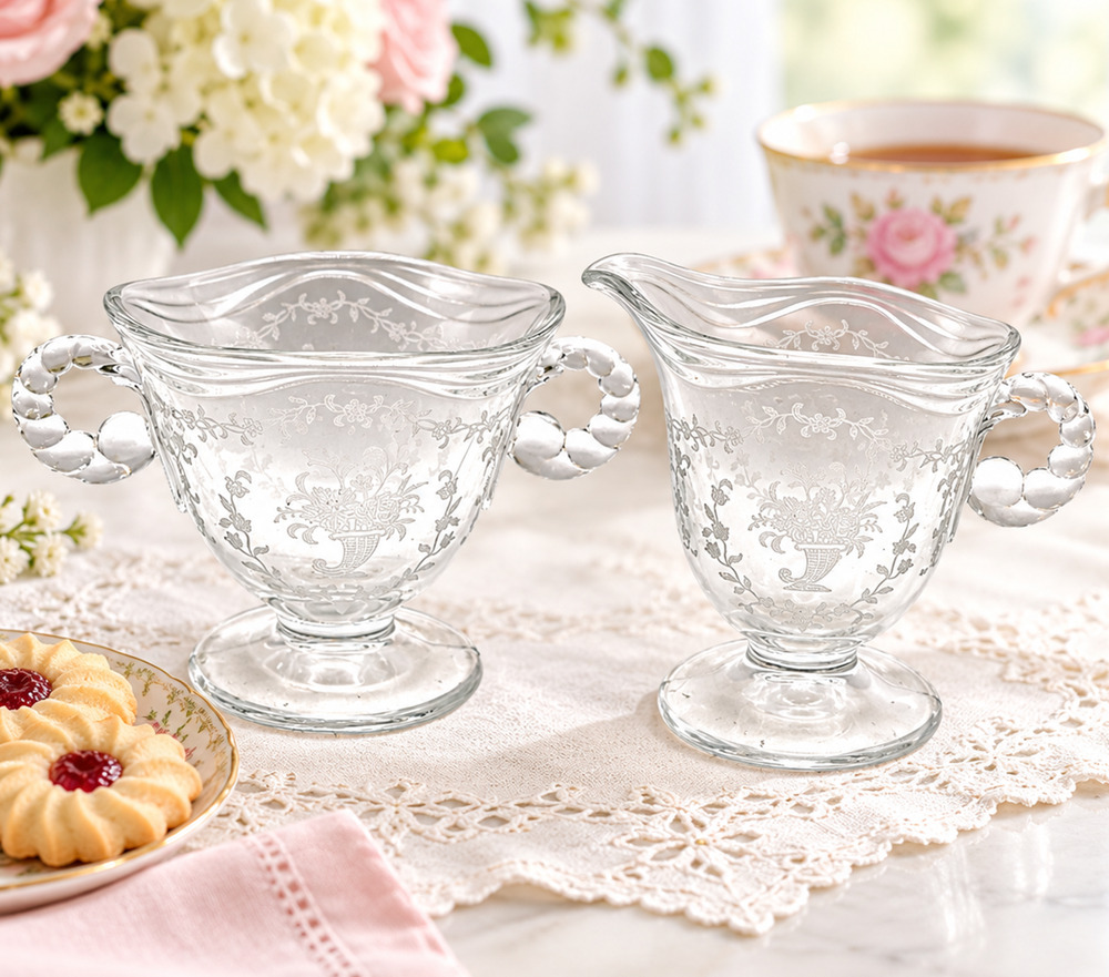 Vintage Fostoria Heather Etched Footed Creamer Sugar Set Clear Glass 1949-71